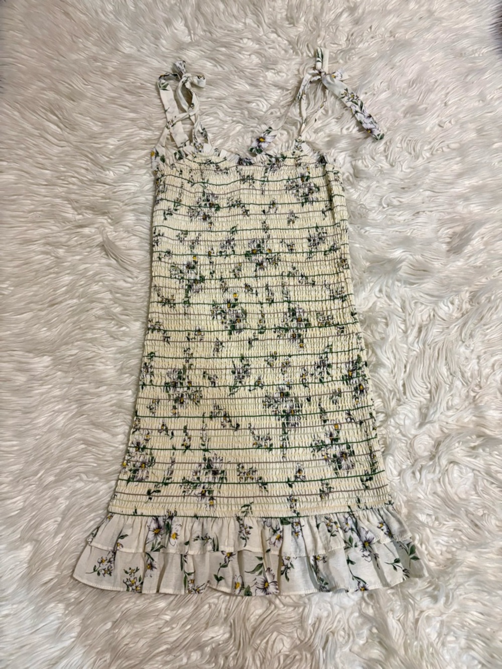 Storia Cream Smocked Floral Dress with Green and Yellow Accents